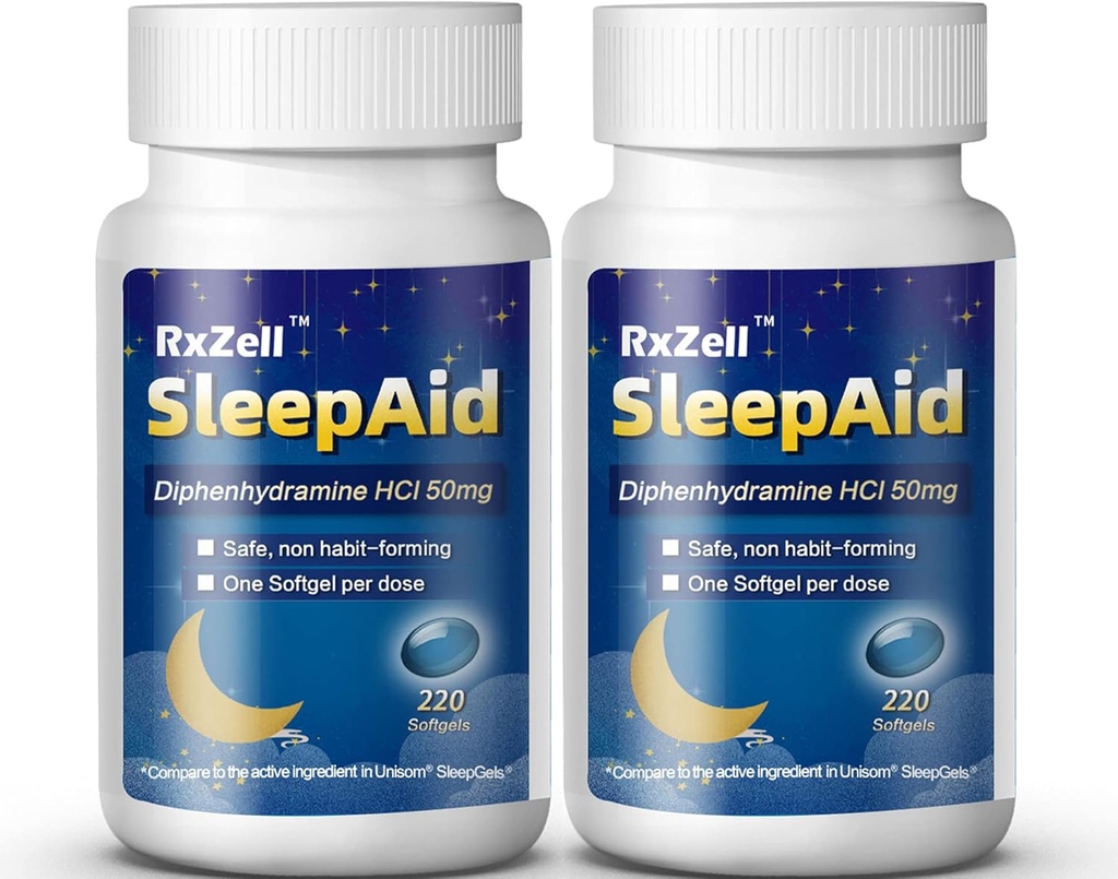 Aide au sommeil, Diphenhydramine Softgels 50mg, Facile à avaler, Soutient le sommeil plus profond, Non Habit-Forming (220 comtes) Pack de 2)