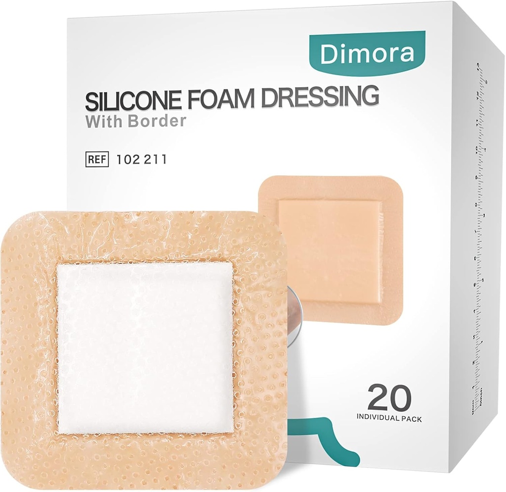Dimora Mousse en silicone Dressing avec bordure 20 Pack Adhésif 4"x4" Poignée imperméable pour soins de la plaie