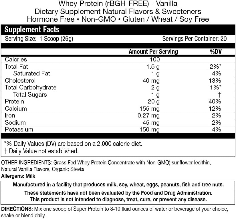 Fortifeye Super New Zealand Grass Fed Whey Protein Vanilla Flavor, 40 portions, 2 packs - Poudre de protéines de levure biologique pour l'entraînement, la nutrition sportive et améliorer le système immunitaire