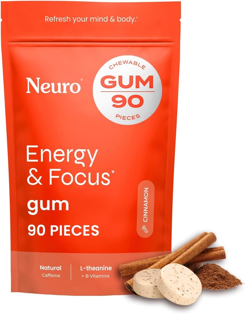 NeuroGum Énergie et focus Gum (Cinnamon, 90 pièces) $ 40mg Caféine naturelle + L-Theanine + Vitamine B12 & B6 + Xylitol $ Supplément sans sucre Nootropic Cognitive Cerveau Performance Supplément