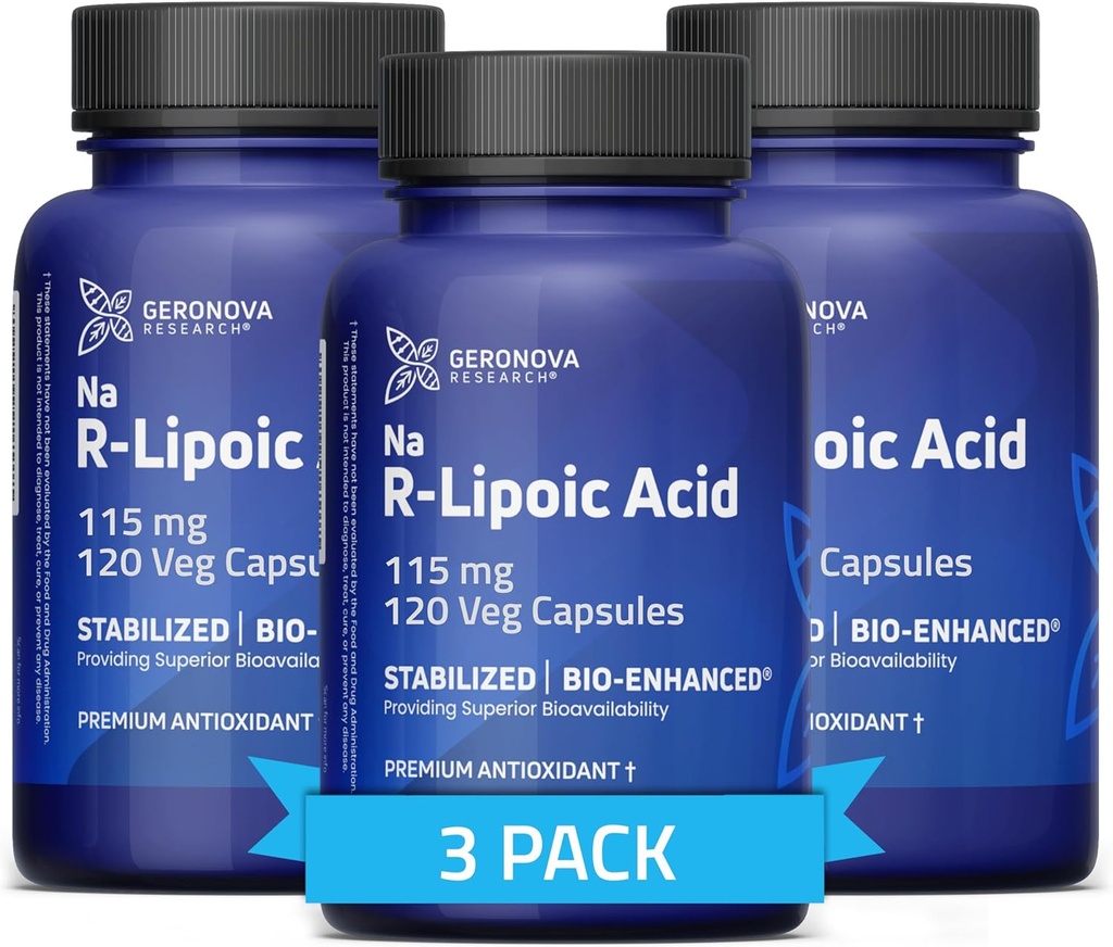 Geronova Recherche Acide R-Lipoique Bio-Amélioré, 115 mg Capsules - 12 mois d'approvisionnement - Acide R alpha lipoïque stabilisé avec absorption accrue - R Supplément acide lipoïque - 360 Nombre