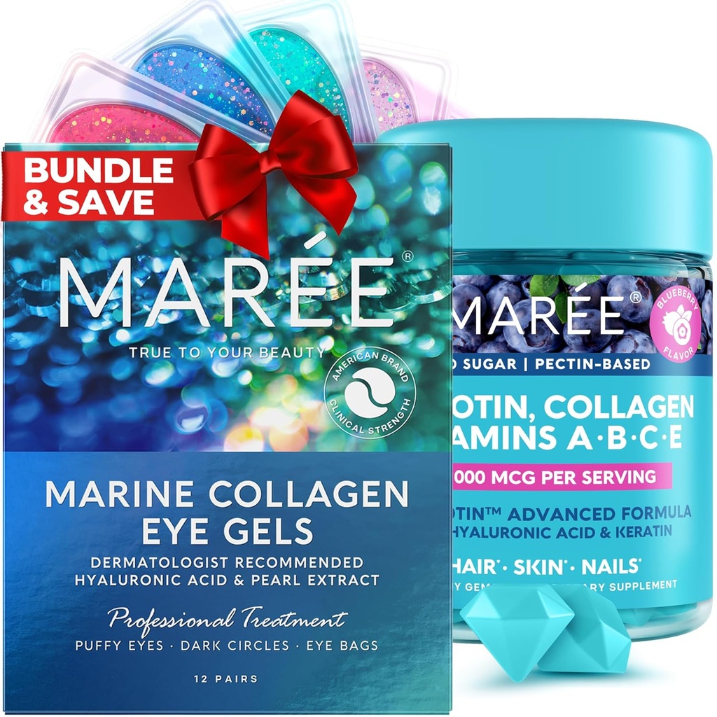 MAREE Beauty Bundle - Under Eye Gels & Biotin Gummies - Marine Collagen & Hyaluronic Acid, A B C E Vitamins Complex with Keratin & Pantothenic Acid - De-puff Eyes & Dark Circles, Skin, Nails & Hair