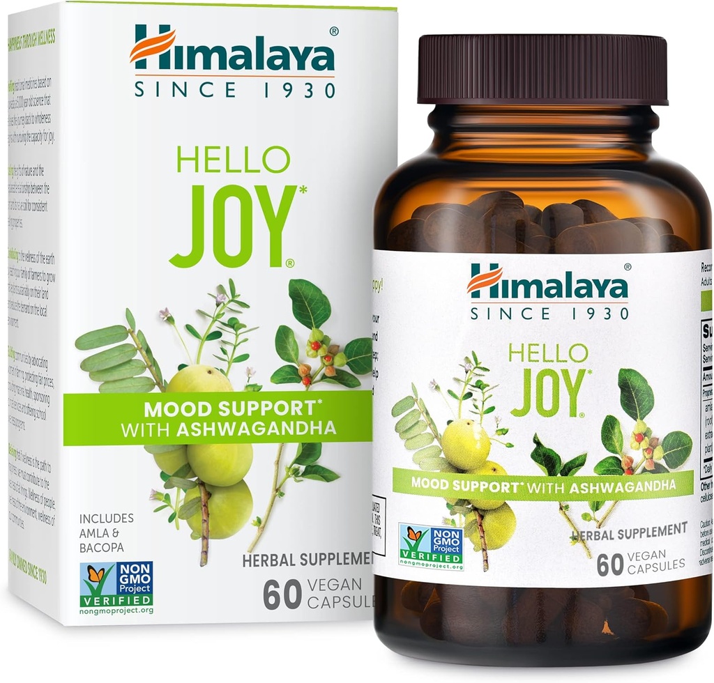 Himalaya Hello Joy Herbal Supplément, avec Ashwagandha, Amla, Bacopa, Saint Basilic/Tulsi, Perspectives positives, Soutiens Motivation, Soulagement du stress, Cortisol équilibré, Non-OGM, Vegan, 60 Capsules