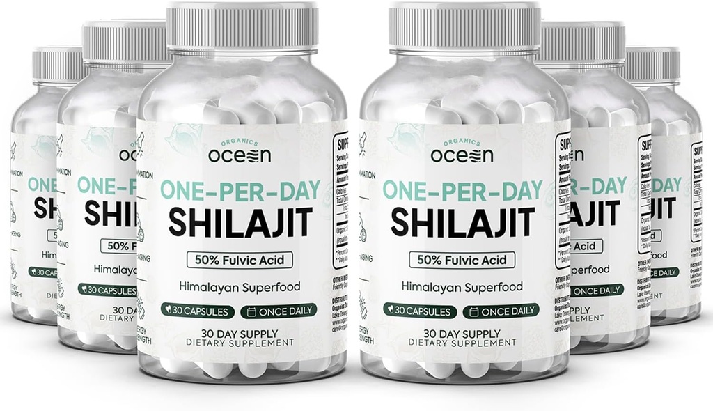 Organics Ocean One-Per-Day Shilajit for Men and Women - Natural and Potent Shilajit Supplement for Age-Defying, Bone Strength, Hormone Support and More - 6 Bottles Shilajit Capsules