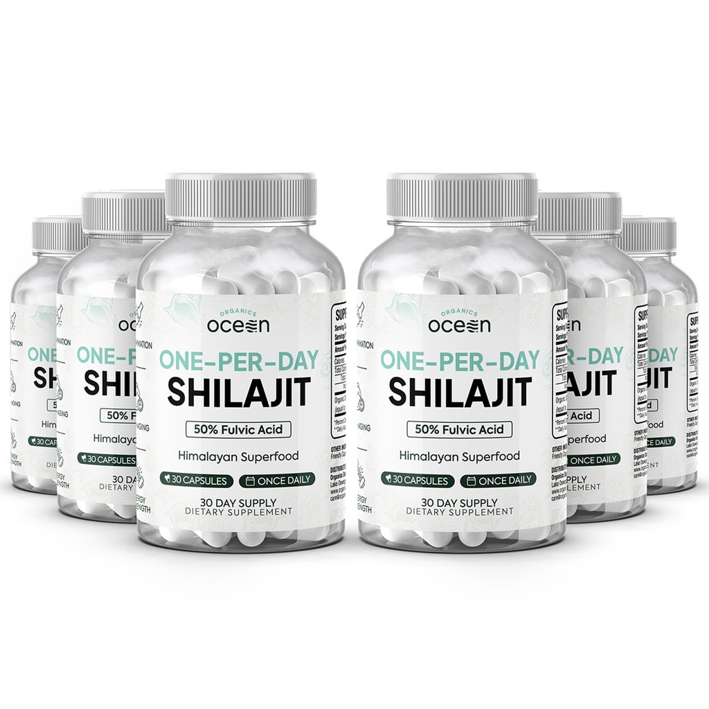 Organics Ocean Shilajit 1 par jour pour les hommes et les femmes - Supplément Shilajit naturel et Potent pour la défense de l'âge, la force osseuse, le soutien hormonal et plus - 6 capsules Shilajit
