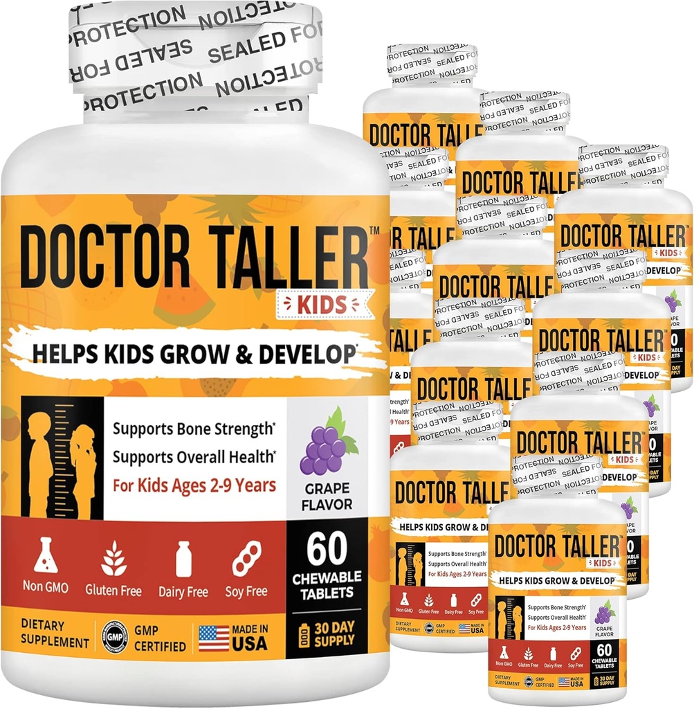 NuBest docteur Taller enfants avec multivitamines, multiminéraux, comprimés à croquer au calcium, supplément de calcium pour les enfants 2 à 9 ans - Arôme de raisin - Aide les enfants en bonne santé - 12 Pack