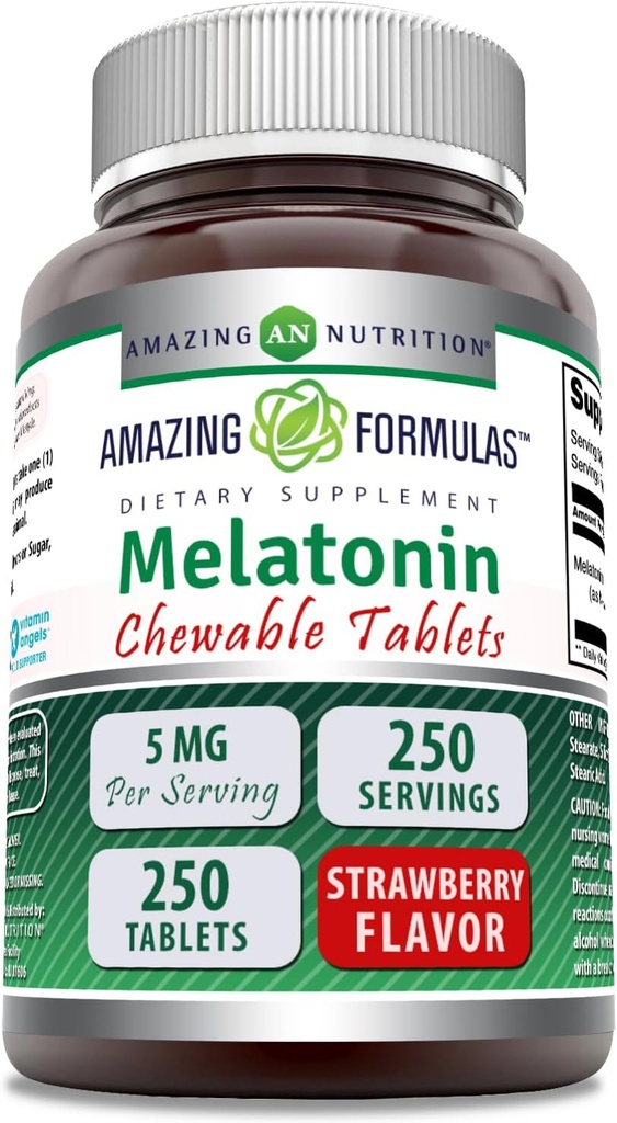 Amazing Formulas Melatonin Chewable Supplement | 5 Mg Per Serving | 250 Tablets | Non-GMO | Gluten-Free | Made in USA (Strawberry)