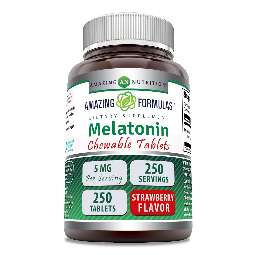 Formules étonnantes Melatonine Supplément à croustillants : 5 Mg par portion 250 Comprimés non-OGM : sans gluten Fabriqué aux États-Unis (Strawberry)