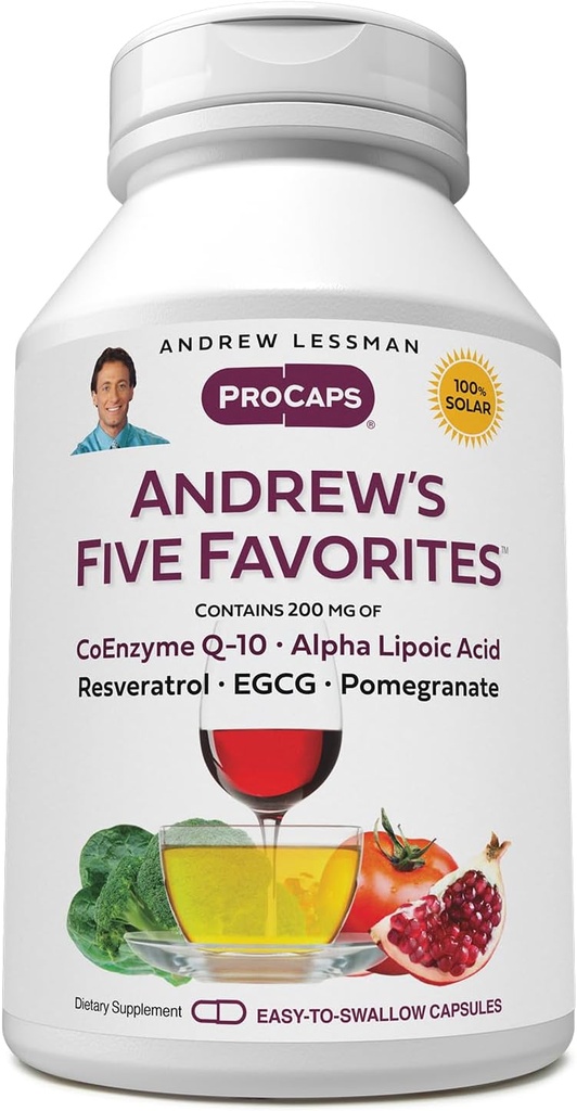 ANDREW LESSMAN Andrew's Five Favorites 120 Capsules - Fournit 200mg chacune de Coenzyme Q-10, Resvératrol, EGCG, grenade et acide alpha lipoïque, puissant anti-oxydant, aucun additif