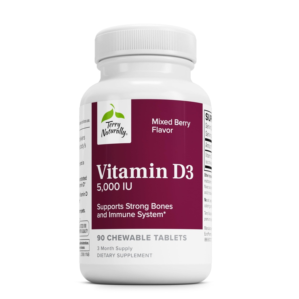 Terry Vitamine D3 naturellement - Supplément pour la santé des os et la force des os - Supplément alimentaire pour le système immunitaire et le soutien du cerveau - 5 000 UI Comprimés Vitamine D avec saveur de baie mixte - 90 Comprimés à croquer