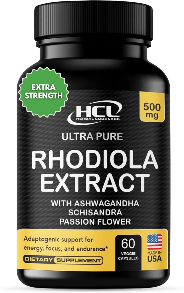 Rhodiola Rosea Supplément High Potency Extract 500mg - 3% Rosavins 1% Salidrosides avec Ashwagandha Shisandra Passion Flower Herb Capsules en poudre - Natural Way to Relieve Stress - Pills for Energy