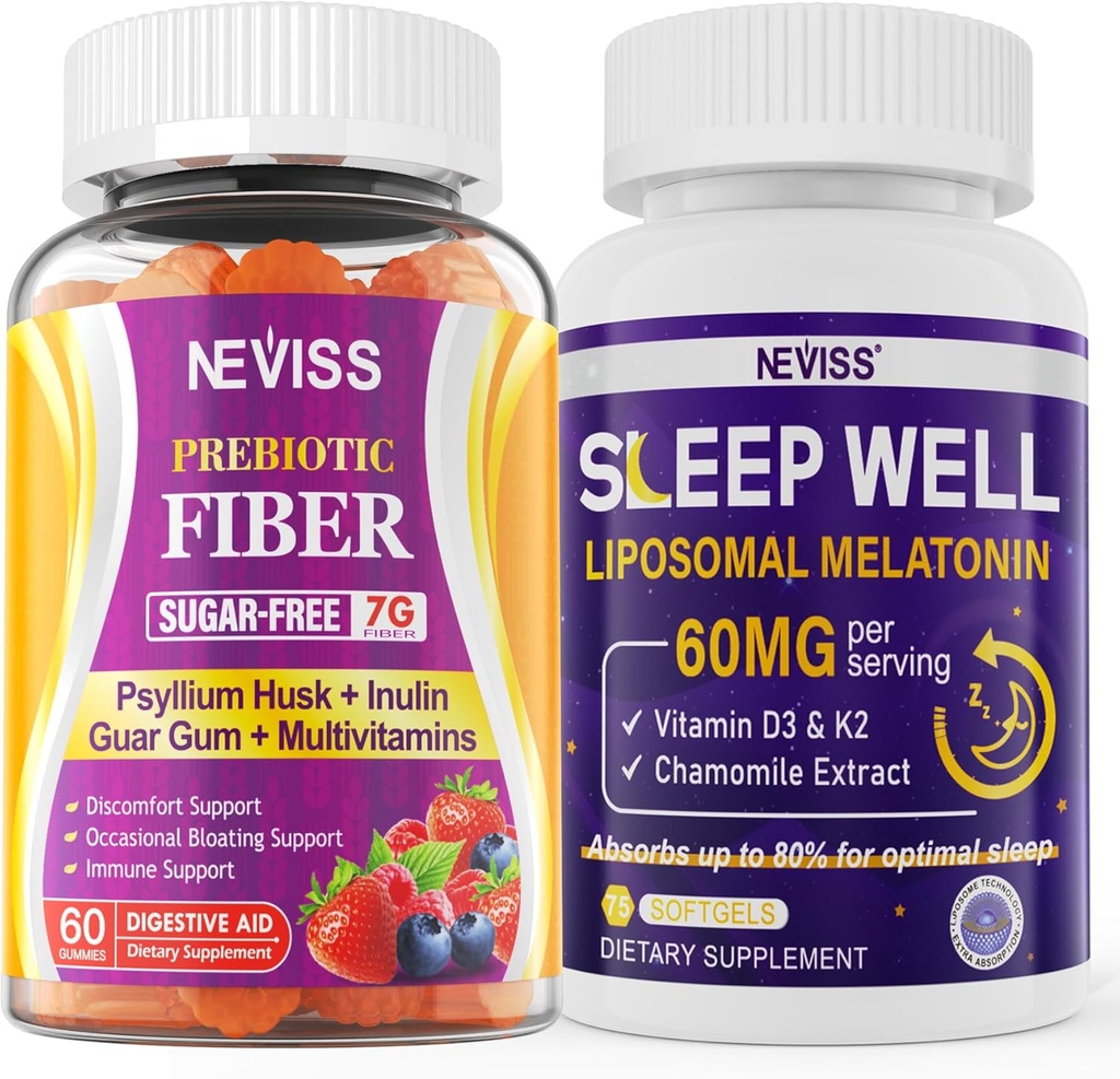 NEVISS Fibre prébiotique 7G Gommies pour adultes + Melatonine 60mg pour adultes