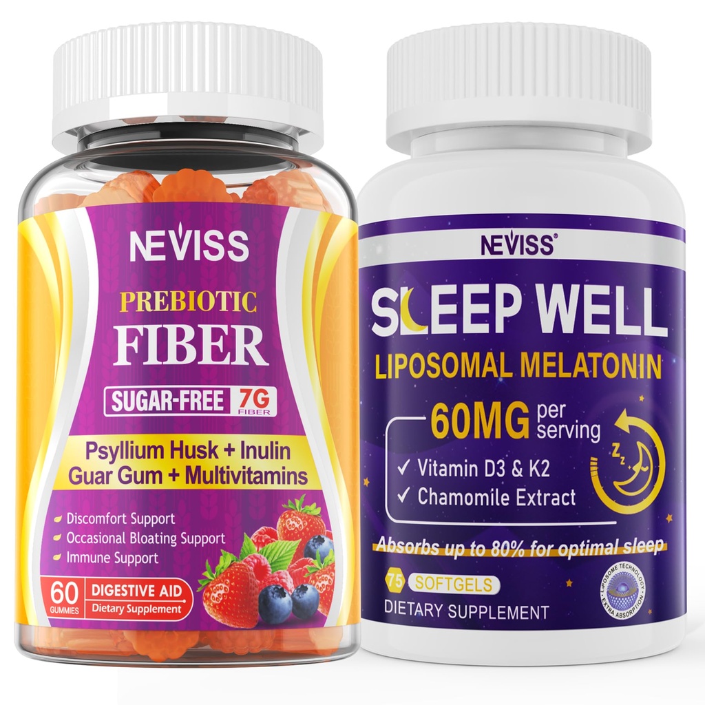 NEVISS Prebiotic Fiber 7G Gummies for Adults + Melatonin 60mg for Adults Bundle