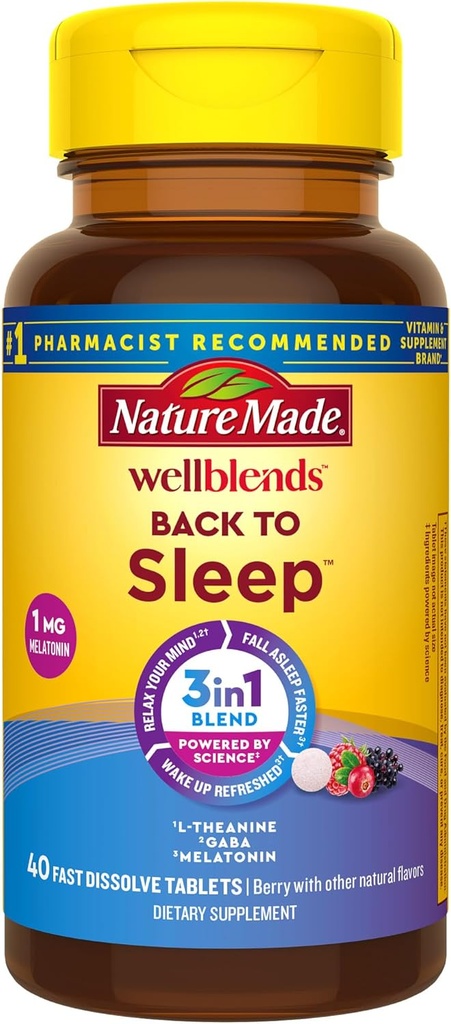 Nature faite Wellblends Retour au sommeil, Dose inférieure Melatonine 1 mg, L théanine 100 mg et GABA 100 mg, Supplément de sommeil, 40 comprimés à dissoudre rapidement
