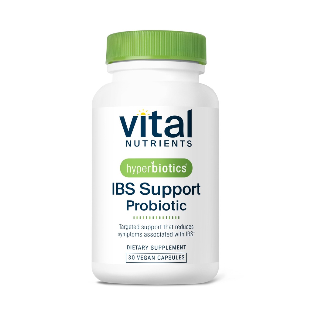 Hyperbiotiques Nutriments vitaux Probiotique IBS Réduisez les symptômes de l'IBS*. Probiotique végétalien étudié cliniquement pour l'IBS Soulagement de la boursouflure, du gaz, de la diarrhée et du malaise abdominale*.