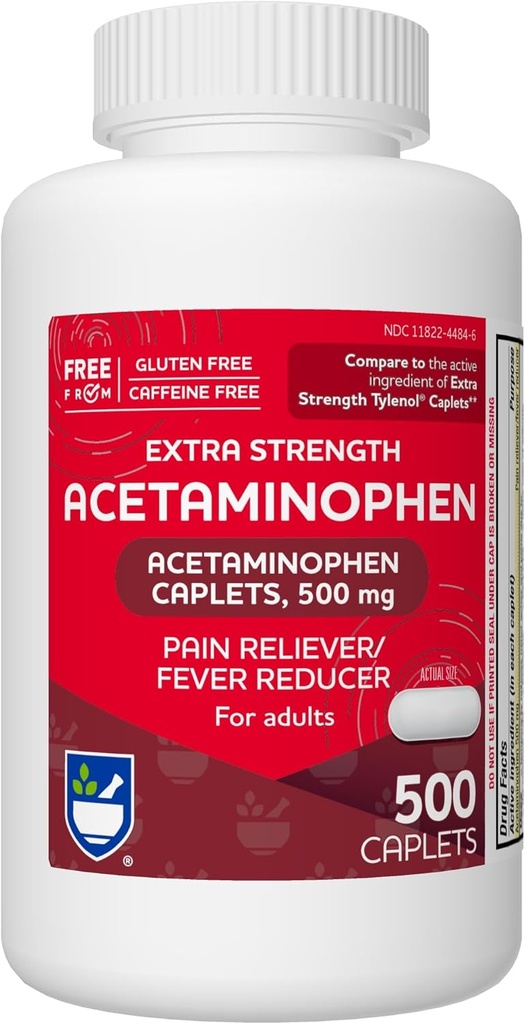 Rite Aid Extra Strength Acétaminophène, 500mg - 500 Caplets , Réducteur de douleur et de fièvre pour les migraines, la douleur articulaire, la douleur musculaire ou dorsale et la douleur menstruelle