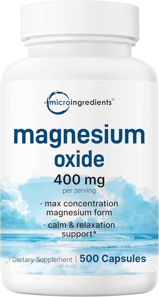 Oxyde de magnésium 400mg, 500 Capsules.Forme élémentaire pour la concentration maximale.