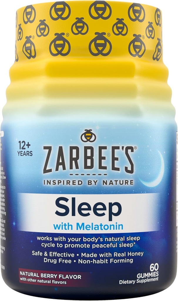 Zarbee's Melatonin Gummies 3mg Supplément de sommeil pour promouvoir le sommeil paisible, saveur naturelle de fruits mélangés, adultes Gummy Âge 12 Jusqu'à, 60 Compte