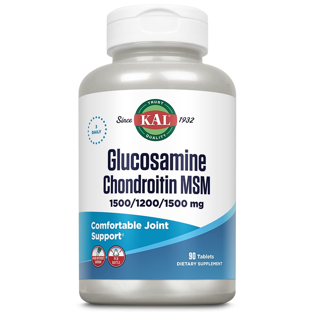 KAL Glucosamine Chondritine MSM, Supplément de soutien conjoint pour les femmes et les hommes, 1500mg Glucosamine Sulfate, 1200mg Chondritine, 1500mg MSM, Désintégration rapide, garantie de 60 jours, 30 portions, 90 comprimés