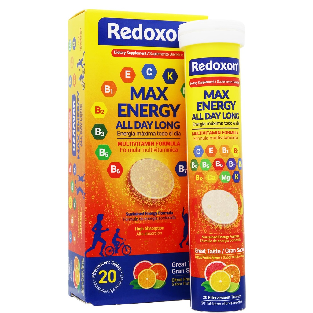 Redoxon Max Energy, aide à soutenir le système immune, Citrus Flavor, 20 comprimés effervescents, 2,82 Oz, boîte
