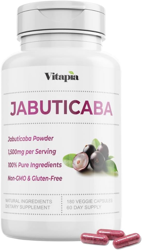 Vitapia Jabuticaba Supplément en poudre de fruits pour l'antioxydant, une meilleure santé pulmonaire, la digestion, le soutien immunitaire - 1500mg par portion - 180 Capsules Vegan, non-OGM, sans gluten