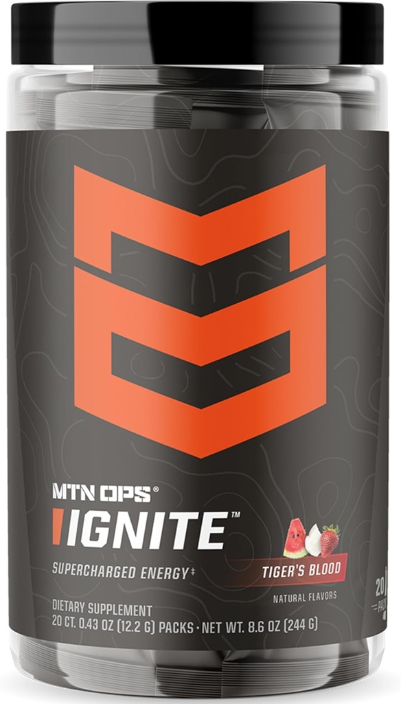 MTN OPS Ignite Trail Packs Poudre de boisson énergétique, supplément sans gluten Nootropic Drink Mix, L Arginine, L Citrulline, Caféine et Nootropic Sugar Drink Mix, 20 portions, sang de tigre