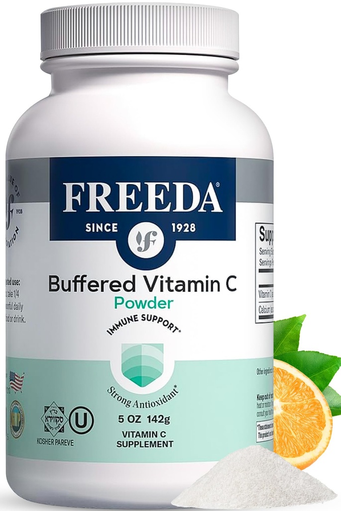 Poudre de vitamine C tamponnée FREADA (Ascorbate de calcium) – Vitamine C non acide, stomach-friendly pour les personnes sensibles – Vegan, casher, sans sucre – 5 oz