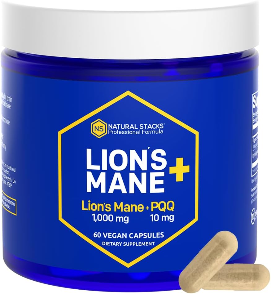 Capsules de complément biologique de la Mane de Lions - 1000mg Champignon de la Mane de Lions avec 10mg PQQ - Optimisateur de cellules cérébrales pour la mémoire, l'apprentissage, la fonction mitochondriale - 60 Capsules de champignons du corps fruitiers