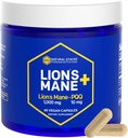 Capsules de complément biologique de la Mane de Lions - 1000mg Champignon de la Mane de Lions avec 10mg PQQ - Optimisateur de cellules cérébrales pour la mémoire, l'apprentissage, la fonction mitochondriale - 60 Capsules de champignons du corps fruitiers