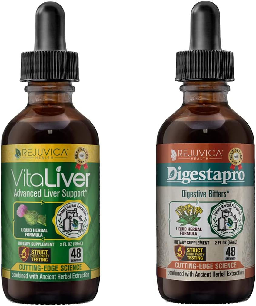 Rejuvica Health VitaLiver & DigestaPro - Support avancé du foie et de la digestion - Livraison liquide pour une meilleure absorption - Thistle de lait, Chanca Piedra, Artichaut, Dandelion et plus encore!