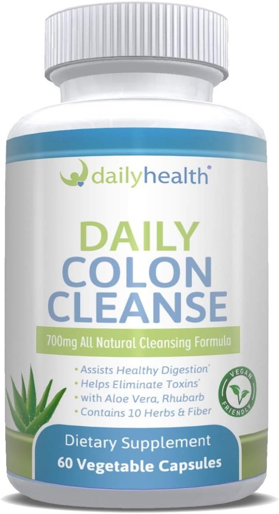 Daily Colon Cleanse 700mg Toutes les plantes naturelles de Formule 10, Fibre, Alfalfa, Aloe Vera, Rhubarb, Gentian, Buckthorn, Goldenseal, Lactobacillus acidophilus 60 Capsules végétales (deux trousses de nettoyage de 15 jours)