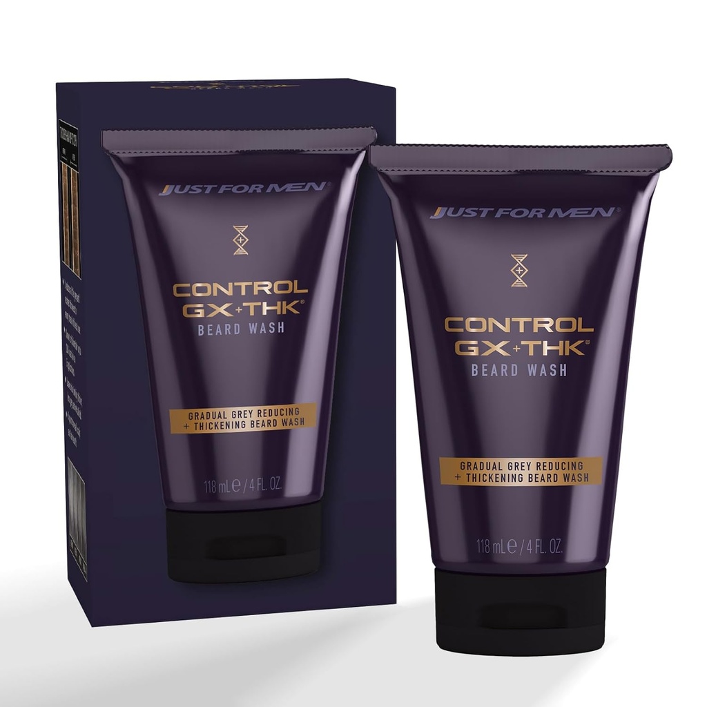 Juste pour les hommes contrôle GX + THK épaississant la barbe avec réduction grise, Alpha kératine aide la croissance de la barbe, épaissit les cheveux jusqu'à 20%, fonctionne avec chaque Texture de cheveux, 4 oz