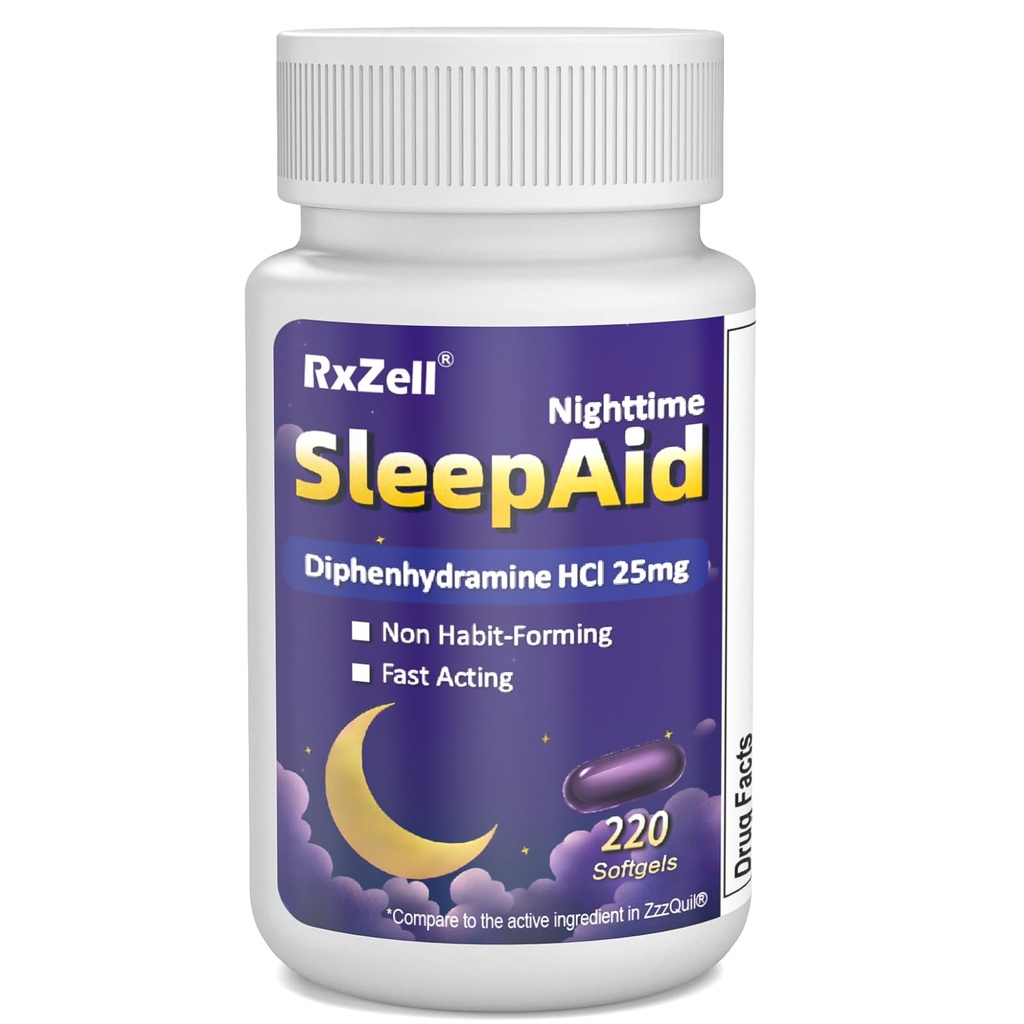 Aide au sommeil, Diphenhydramine HCl 25mg, 220 Softgels - Asleep d'automne plus rapide, sommeil plus profond, sans formation d'habitude