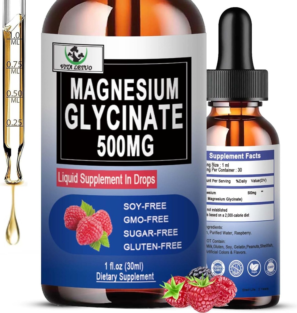 Magnésium Glycinate 500mg, Liquid Magnésium Glycinate gouttes 6X Absorption élevée pour les os, le sommeil, les crampes des jambes et le soutien immunitaire, végétalien, non-OGM, sans gluten