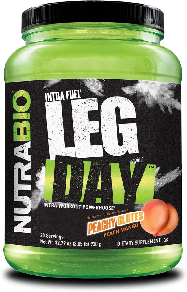 NutraBio Leg Day Intra Workout Poudre – Supplément de carbure avancé avec dextrine en grappe et électrolytes – Poudre de carbure avec AEA/BCAA – Dextrine cyclique pour la performance – Peach Mango, 20 portions