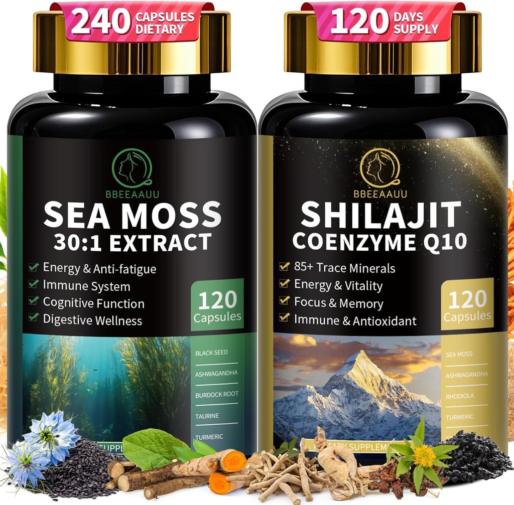 Shilajit pour les hommes, la mousse de mer et le bundle Shilajit, Tous en 1 suppléments avec Coenzyme Q10, Graines noires, Ashwagandha, Taurine, Burdock pour l'énergie, Endurance, Antioxydant & Immunissable Support, 240 Capsules