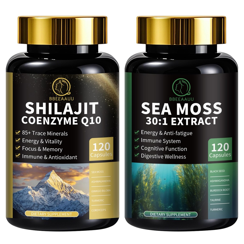 Shilajit pour les hommes, la mousse de mer et le bundle Shilajit, Tous en 1 suppléments avec Coenzyme Q10, Graines noires, Ashwagandha, Taurine, Burdock pour l'énergie, Endurance, Antioxydant & Immunissable Support, 240 Capsules