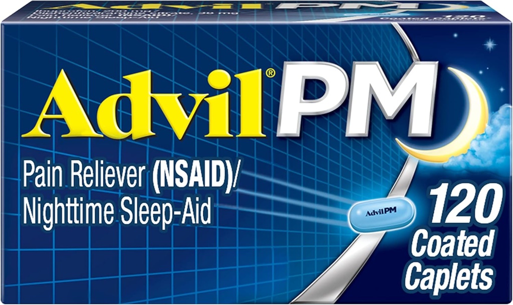 Advil PM Pain Reliever and Nighttime Sleep Aid, Pain Medicine with Ibuprofène for Pain Relief and Diphenhydramine Citrate for A Sleep Aid - 120 Caplets enduits