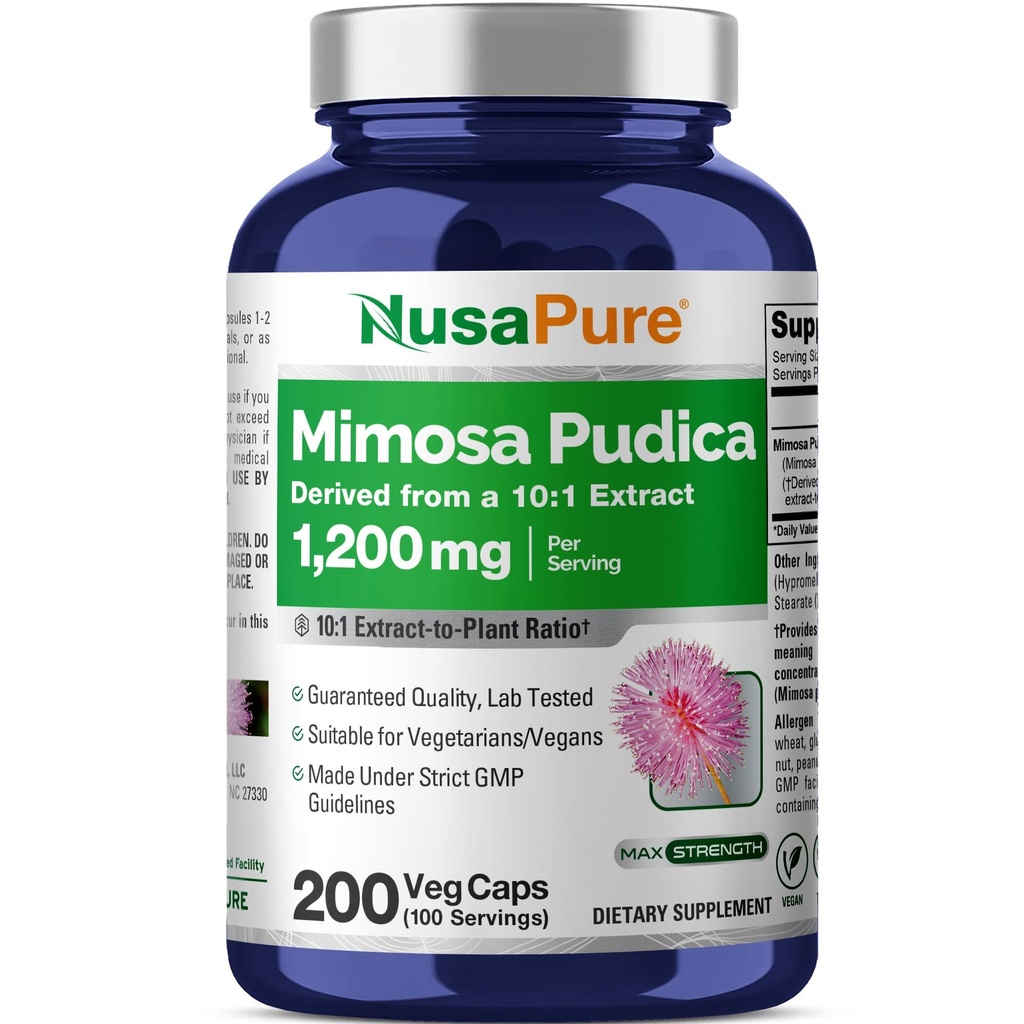 NusaPure Mimosa Pudica Seed 10:1 Extrait, 1200 mg Équivalent à 12 000 mg 200 Capsules de Veg (non OGM, végétalien)