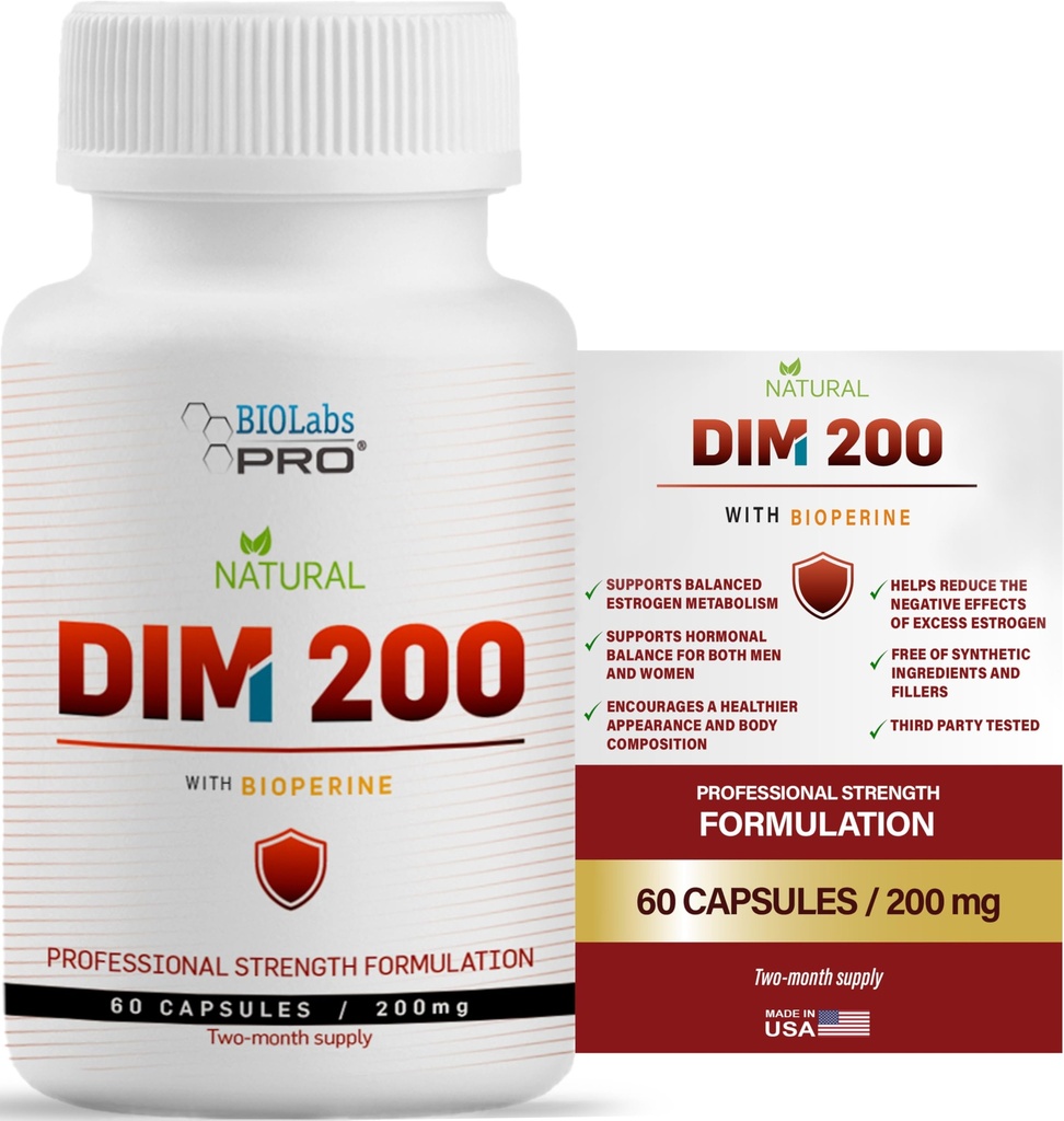 DIM Supplement for Women and Men, DIM 200mg Oral Supplement Hormonal Balance, Hormone Balance for Women and Men, Diindolylmethane Gluten Free Vegetarian Twist Capsules (60 Caps - 2-Month Supply)