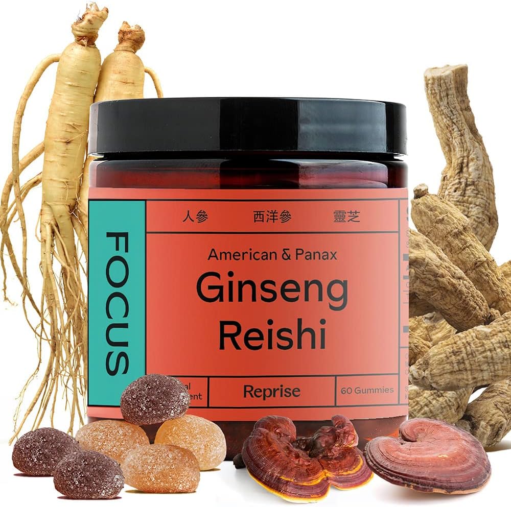 Focus Gummies with American Ginseng, Korean Panax Ginseng & Reishi Extract - Aide à soutenir l'énergie et l'humeur, Vegan, Low-Sugar, 60 Gummies, Ananas, Loquat & Fraise