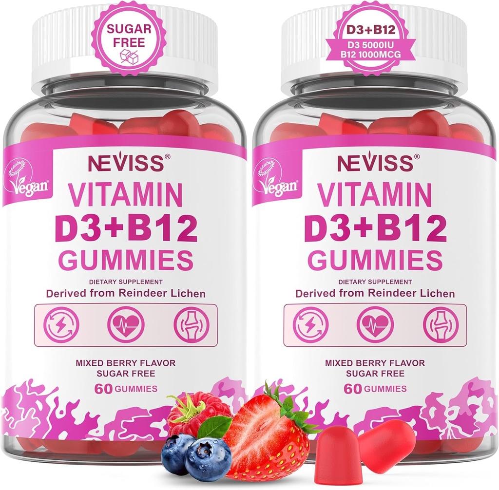 NEVISS 2Pack Vitamine végétale D3 + Vitamine B12 Gummies, haute puissance D3 5000IU et 1000 mcg Méthylé B12, Vitamine D3 et B12 pour les adultes, soutien de la santé osseuse, Immune et supplément énergétique, 120 Compte