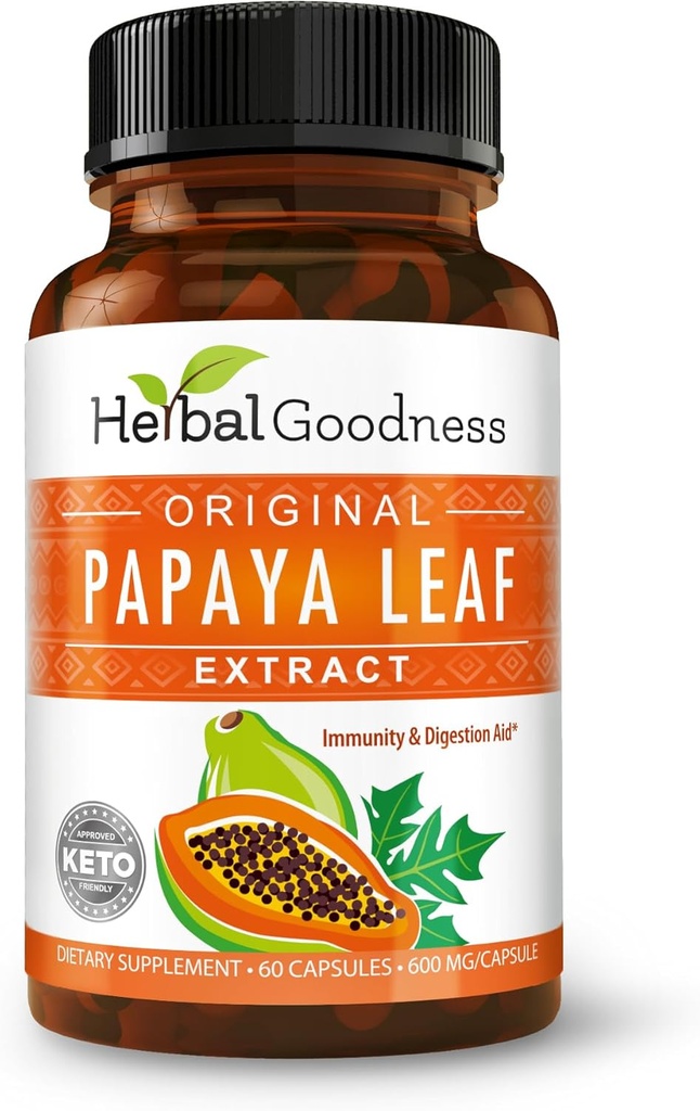 Papaya Extrait de feuille Enzymes digestifs - 10X Strength 60/600mg Capsules de légumes- Blood Platelet, Bone Marrow & Spleen Support, Immune Gut & Super Digestive Health - Fabriqué aux États-Unis par Herbal Goodness
