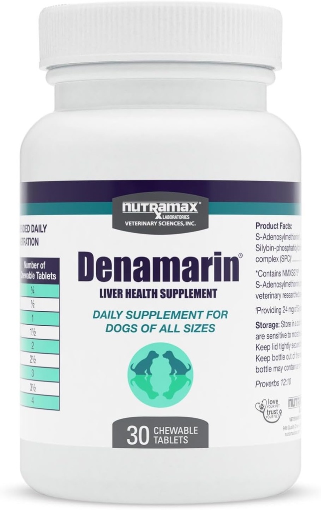 Nutramax Denamarin Liver Health Supplement for Dogs, With S-Adenosylmethionine (SAMe) and Silybin, 30 Chewable Tablets