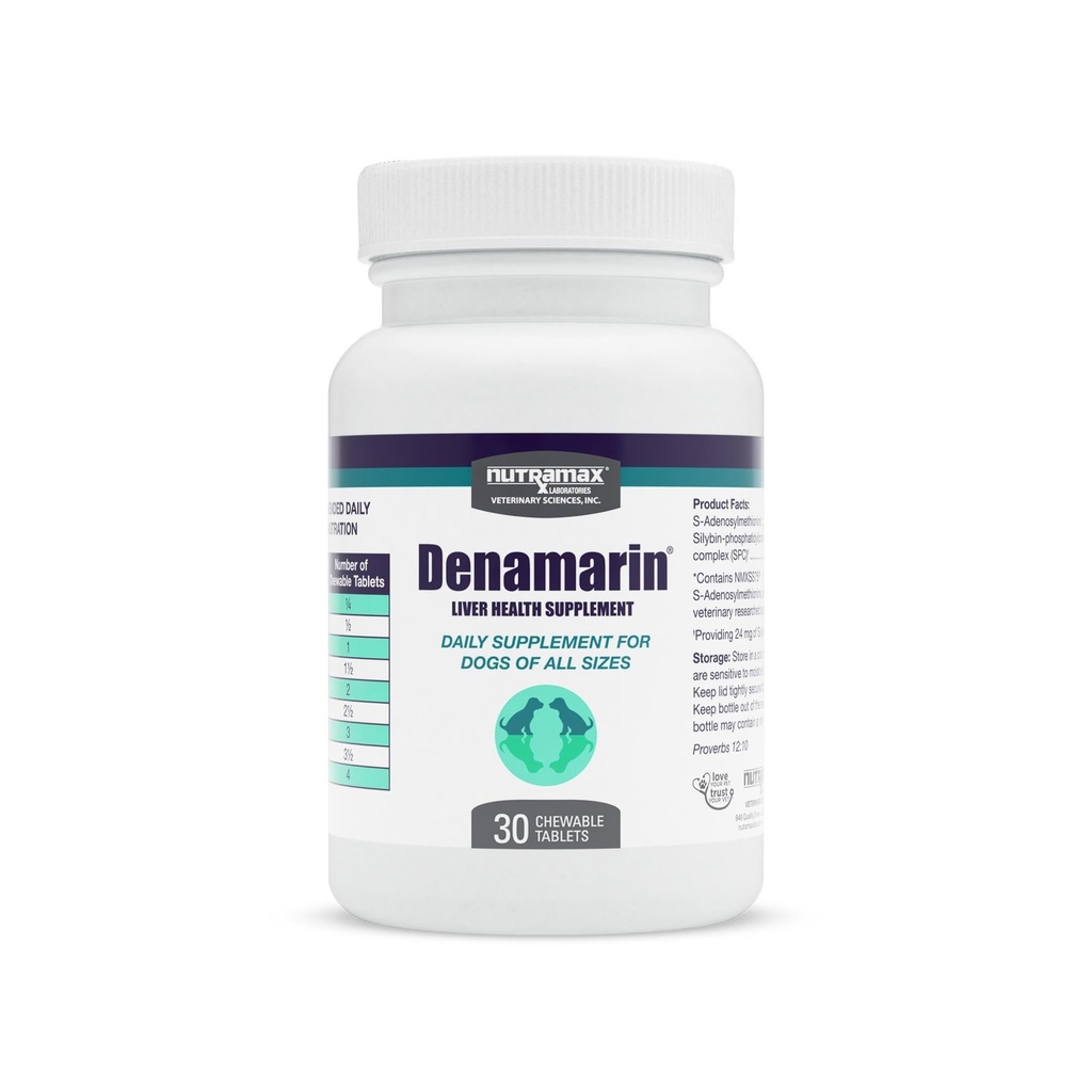 Nutramax Denamarin supplément de santé hépatique pour chiens, avec S-Adénosylméthionine (SAMe) et Silybin, 30 comprimés à croquer