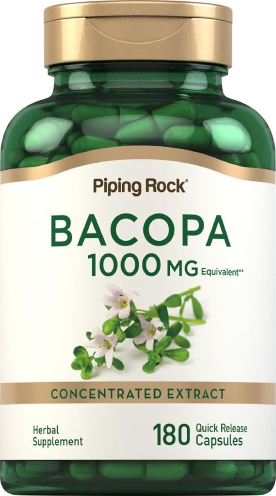 Piping Rock Bacopa Monnieri Supplément 1000mg=180 Capsules= Extrait d'herbes non-OGM et sans gluten