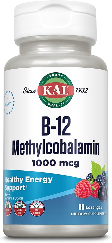 KAL Vitamine B-12 méthylcobalamine Lozenges 1000mcg, Énergie saine, Métabolisme, Nerve et soutien des cellules du sang rouge,* Absorption optimale, Saveur de baie naturelle, Vegan, Sans sucre, 60 portions, 60 Lozenges