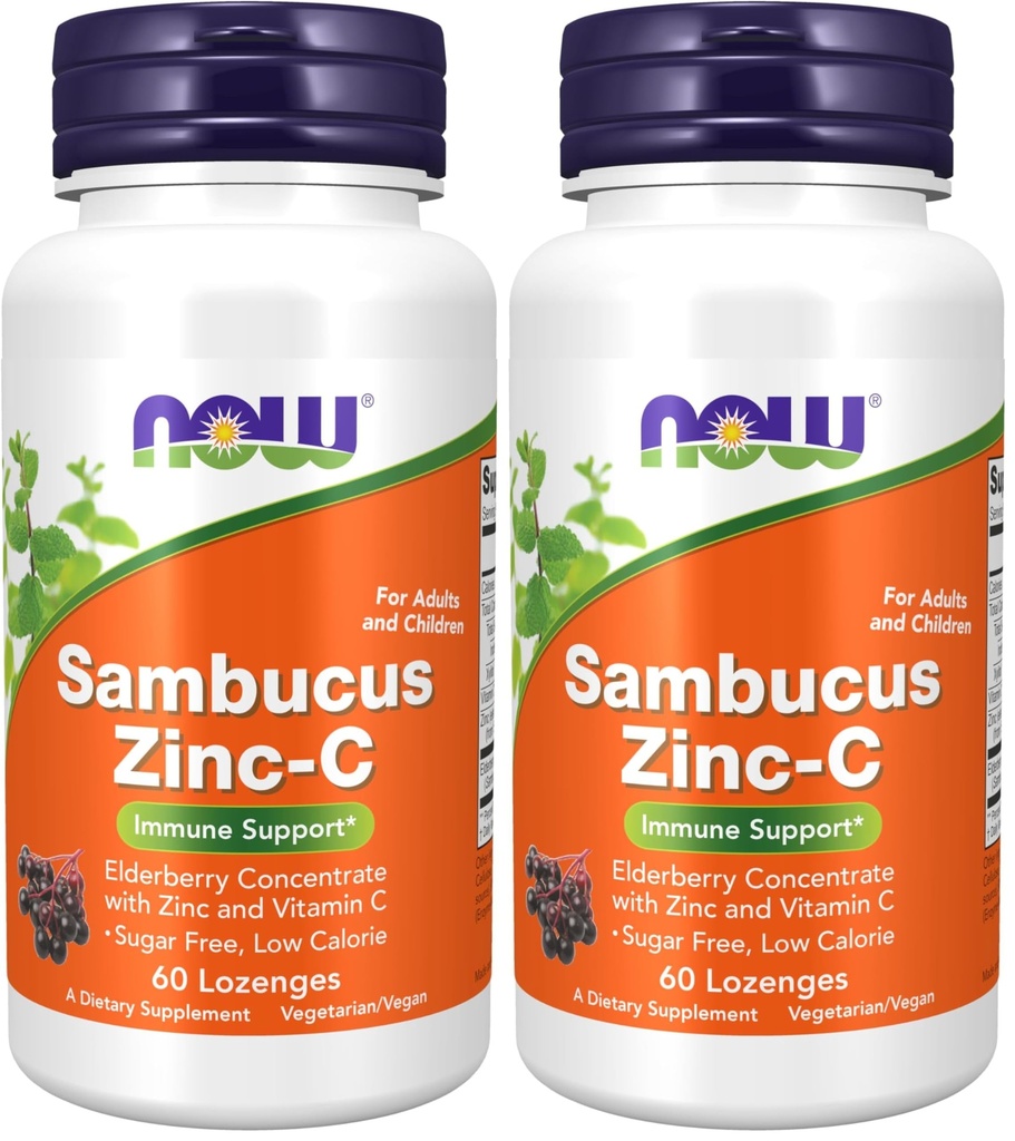 NOW Supplements, Sambucus Zinc-C with Elderberry Concentrate and Vitamin C, 60 Lozenges (Pack of 2)