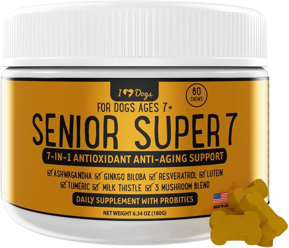 iHeartDogs Senior Super 7 Daily Dog Multivitamin - 7-en-1 Vitamine pour les chiens soutient l'anti-âge avec les antioxydants, probiotiques, Lion's Mane, Turquie Tail, et Ashwagandha pour la longévité et le renforcement cognitif