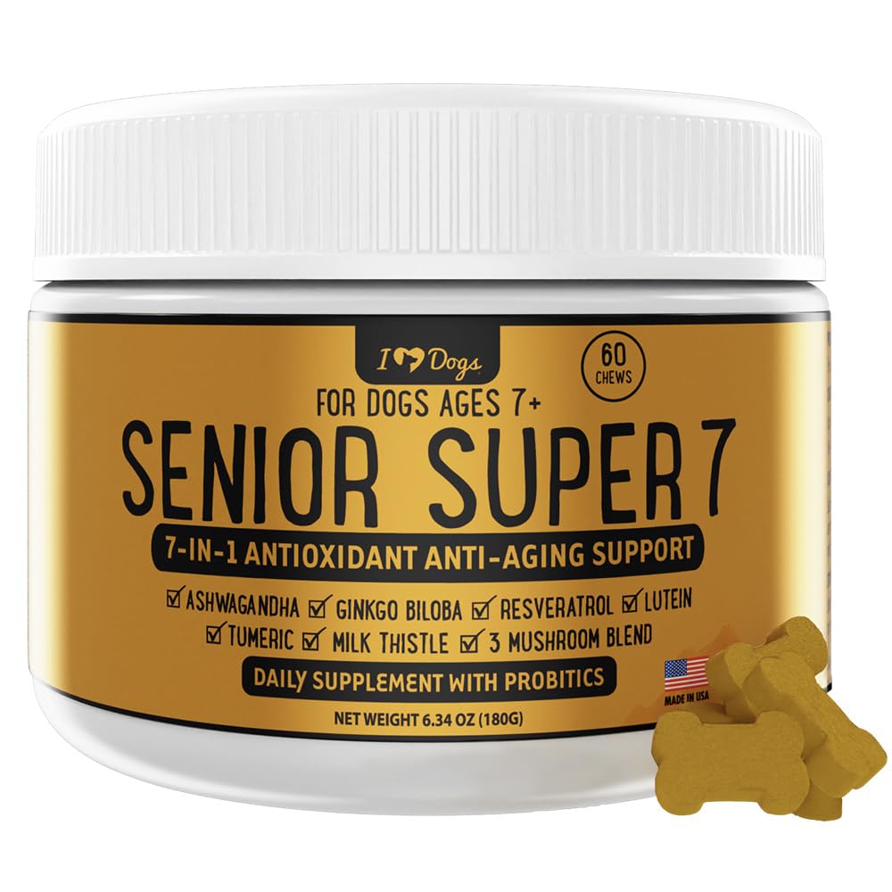 iHeartDogs Senior Super 7 Dog Multivitamin with Probiotics, 60 Chews | Anti-Aging with Antioxidants, Probiotics, Lion's Mane, Turkey Tail, Ashwagandha, Supports Longevity & Cognitive Boost